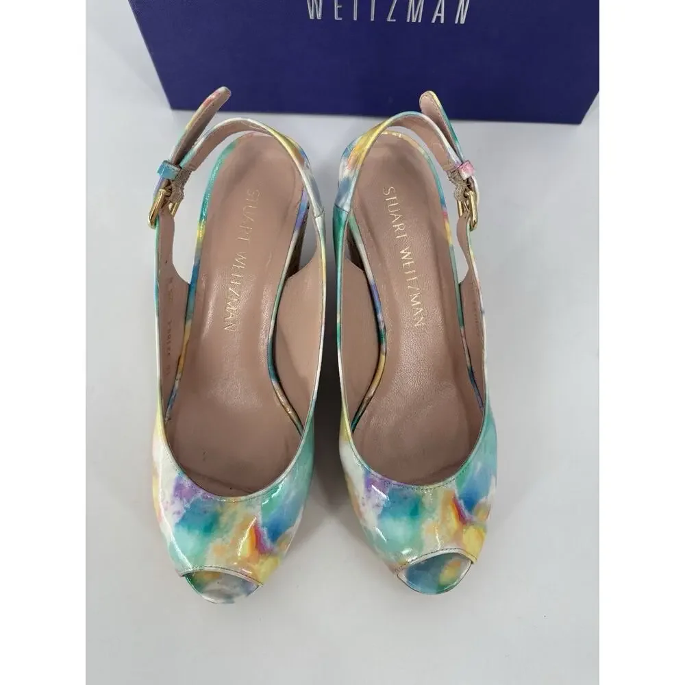 Stuart Weitzman Jean Slingback Wedges Sandals 5.5 Multicolor Patent Leather Peep